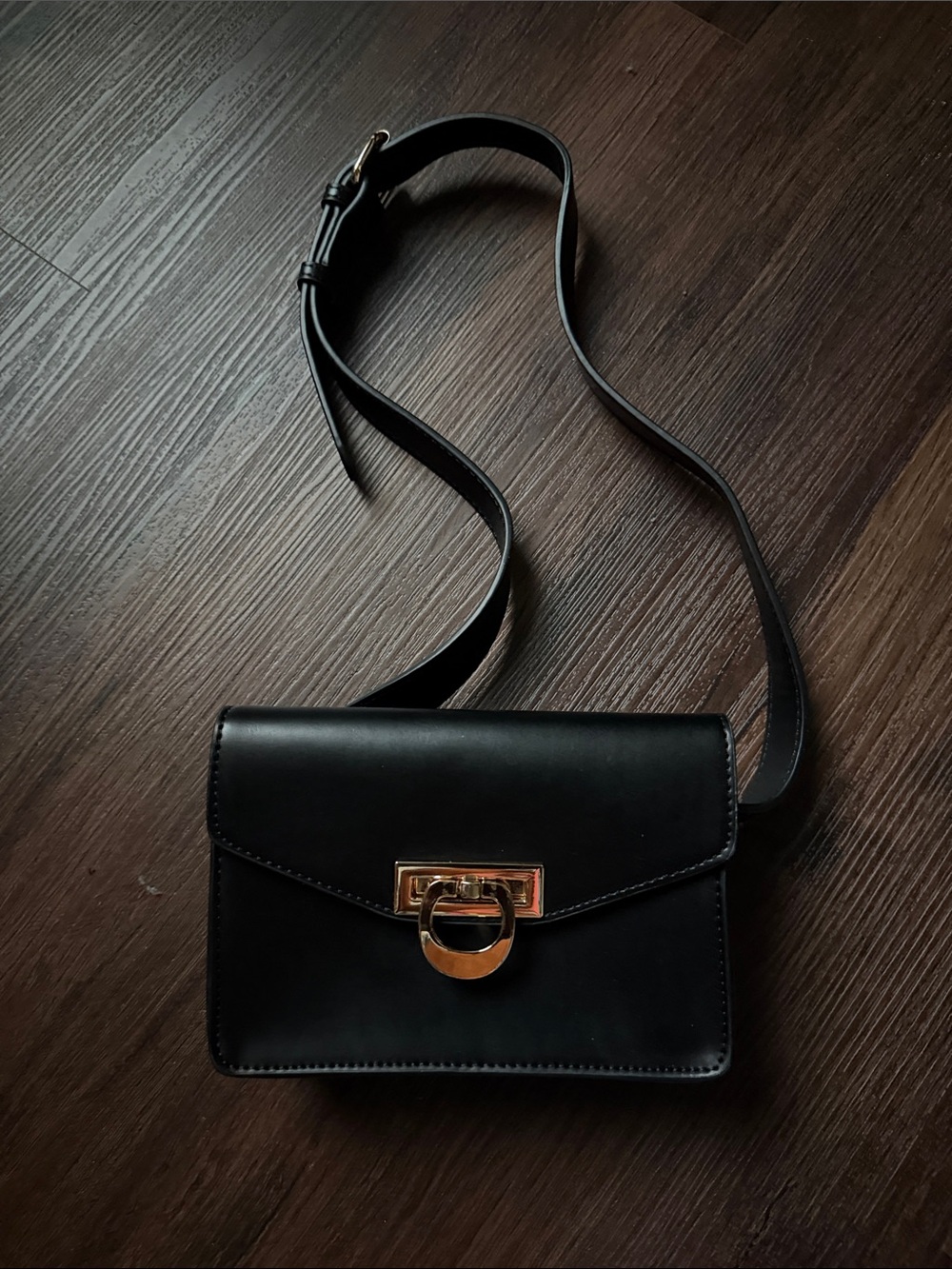 Black Leather Crossbody Bag with Gold Ring Hardware